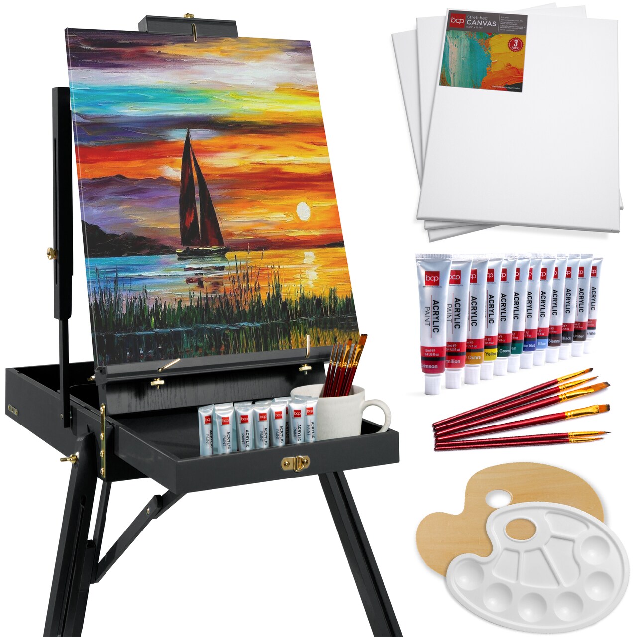 Best Choice Products French Easel, 32pc Beginners Kit Portable Wooden Adjustable Tripod w/ Paint Supplies